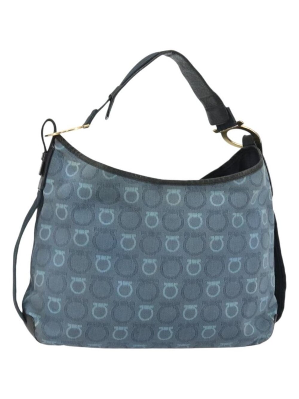Salvatore Ferragamo Gancini Shoulder Bag Canvas Blue Gold